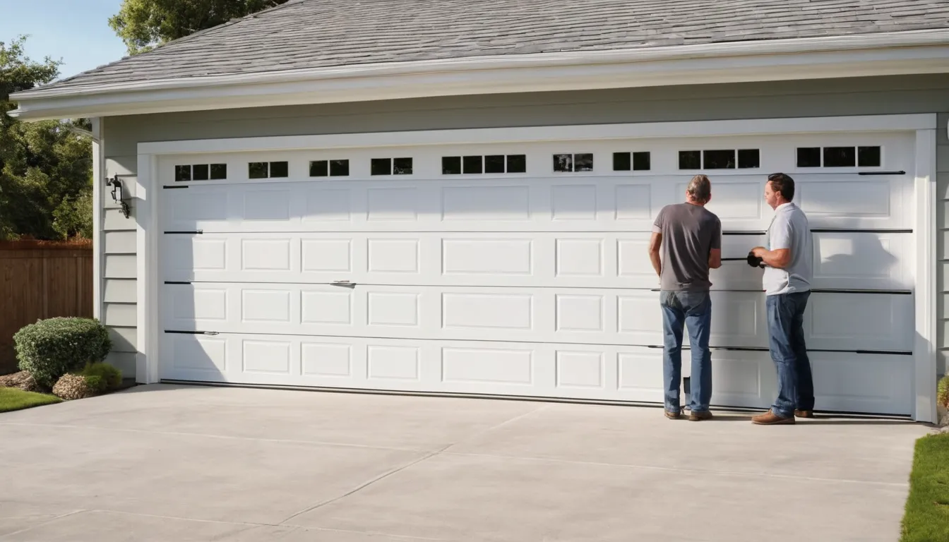 Friendly installer fitting a new insulated garage door on a frame home near Twin Lakes