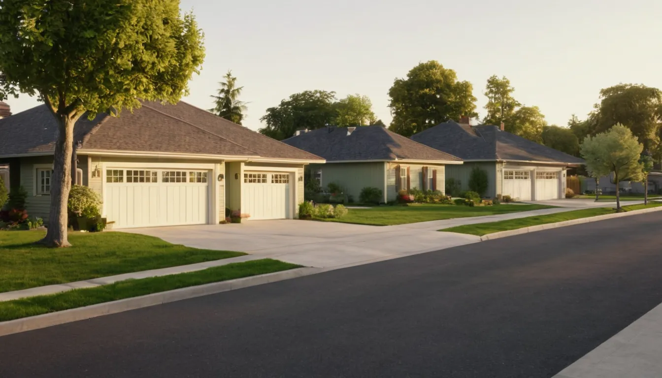 A neighborhood street with ranch homes and garage doors near Twin Lakes